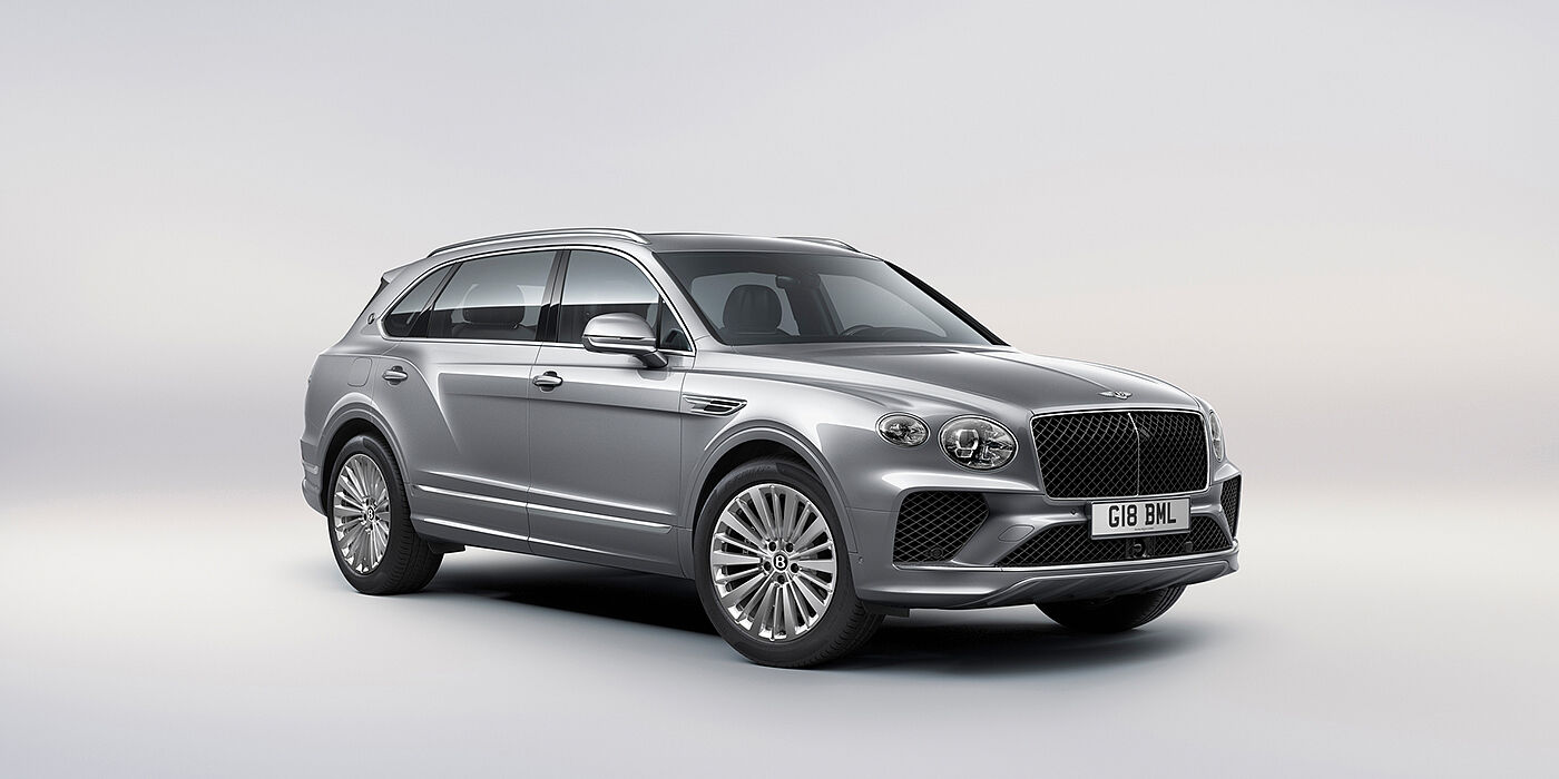 Bentley Cyprus Bentley Bentayga Extended Wheelbase luxury SUV front three quarter view in Moonbeam paint with 21 inch five spoke painted wheels