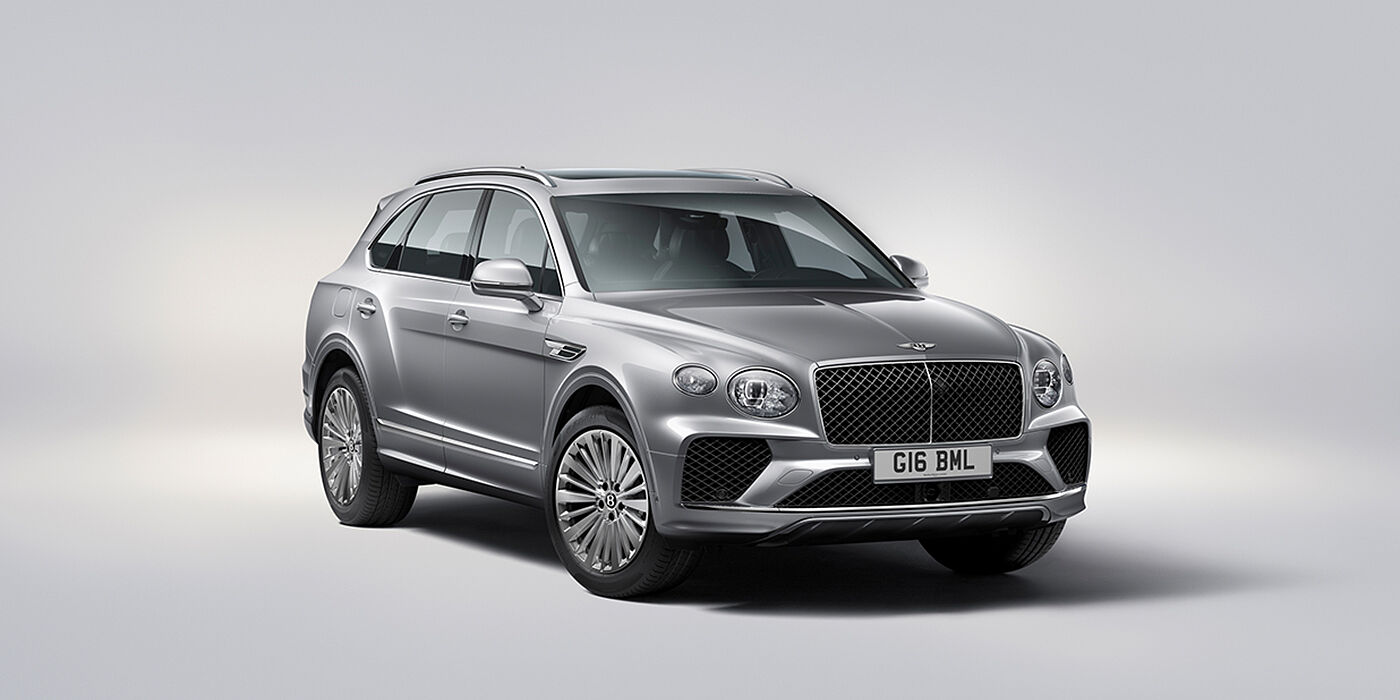 Bentley Cyprus Bentley Bentayga luxury SUV front three quarter view in Moonbeam paint with matrix grille and 21″ 5 spoke painted wheels