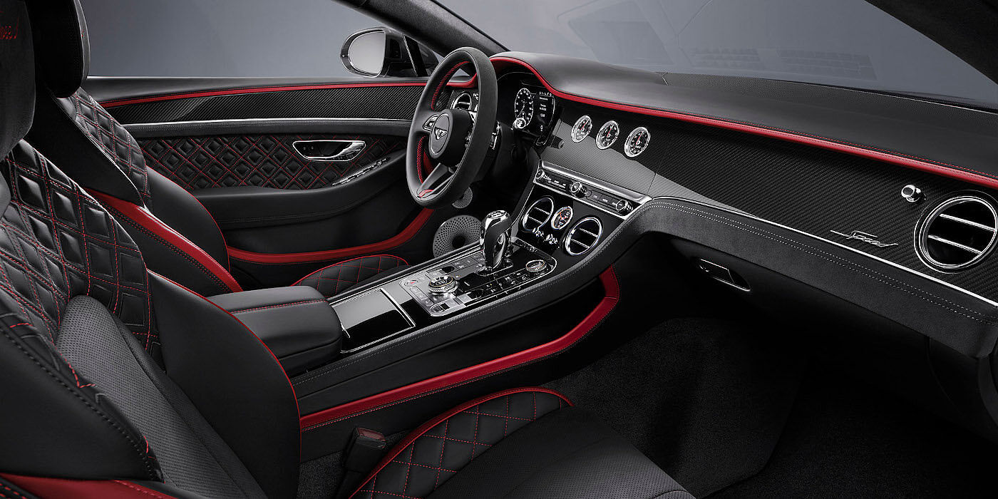Bentley Cyprus Bentley Continental GT Speed coupe front interior in Beluga black and Hotspur red hide