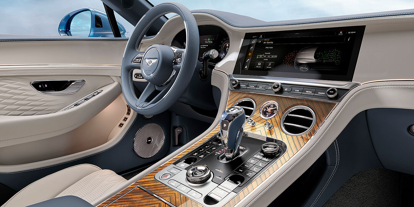 Bentley Cyprus New Bentley Continental GTC Azure convertible interior front cabin view with Linen and Brunel hides and Piano Linen by Mulliner veneer featuring centre console and centre MMI screen