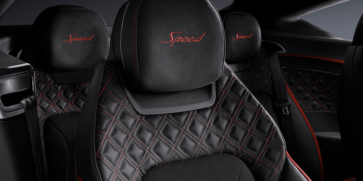 Bentley Cyprus Bentley Continental GT Speed coupe seat close up in Beluga black and Hotspur red hide