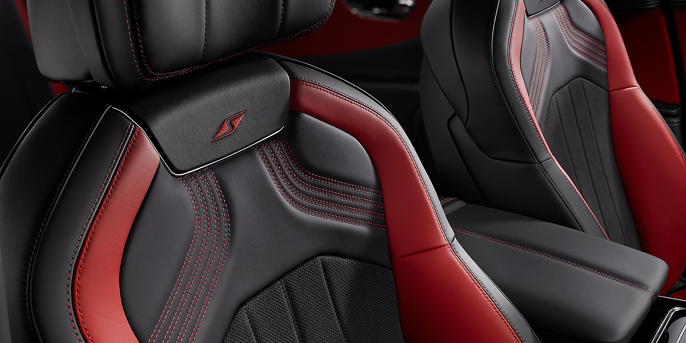 Bentley Cyprus Bentley Flying Spur S seat in Beluga black and \hotspur red hide with S emblem stitching