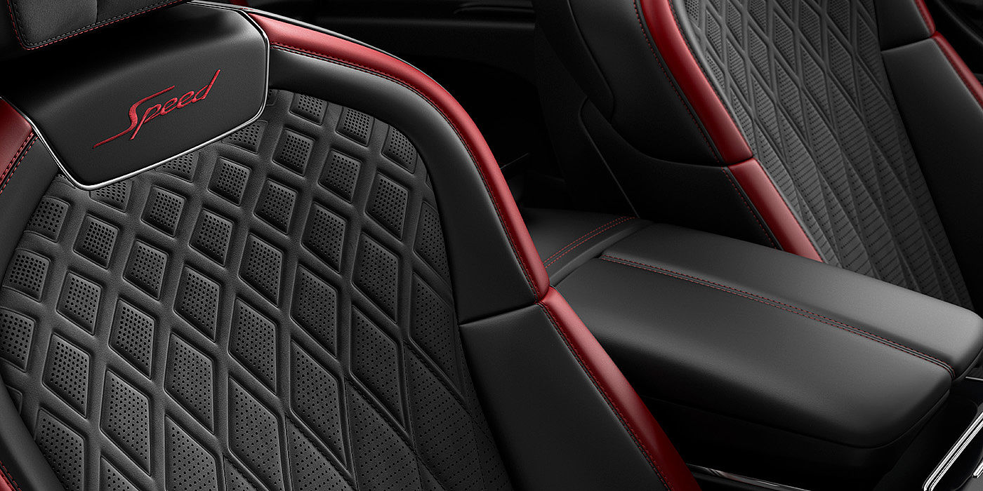 Bentley Cyprus Bentley Flying Spur Speed sedan seat stitching detail in Beluga black and Cricket Ball red hide
