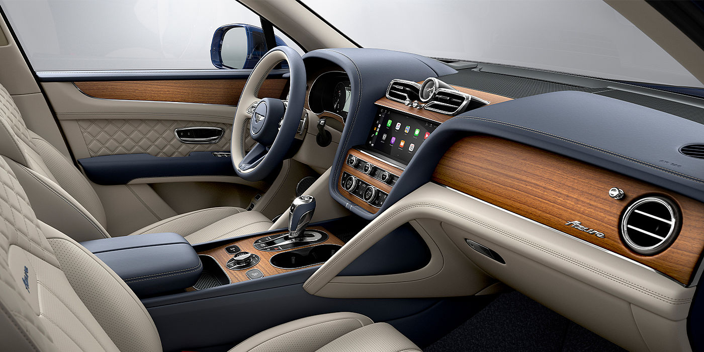 Bentley Cyprus Bentley Bentayga Azure SUV front interior in Imperial Blue and Linen hide