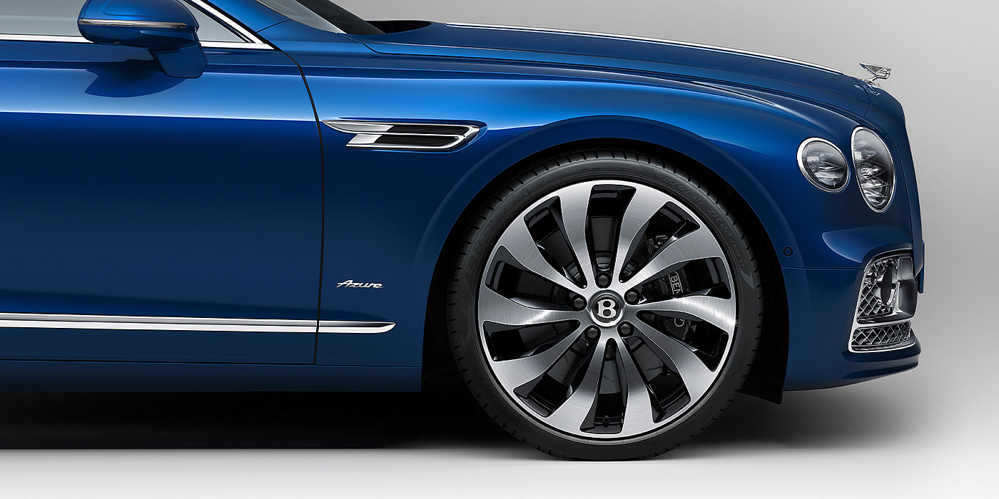 Bentley Cyprus Bentley Flying Spur Azure sedan side close up in Sequin Blue paint with Azure badge