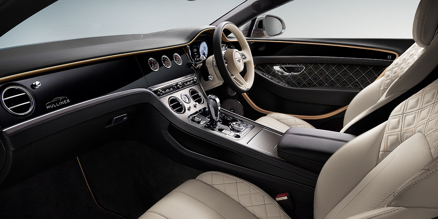 Bentley Cyprus Bentley Continental GT Mulliner coupe front interior in Beluga black and Linen hide