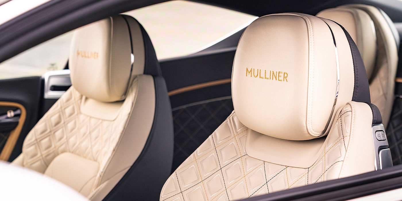 Bentley Cyprus Bentley Continental GT Mulliner coupe seat detail in Beluga black and Linen hide