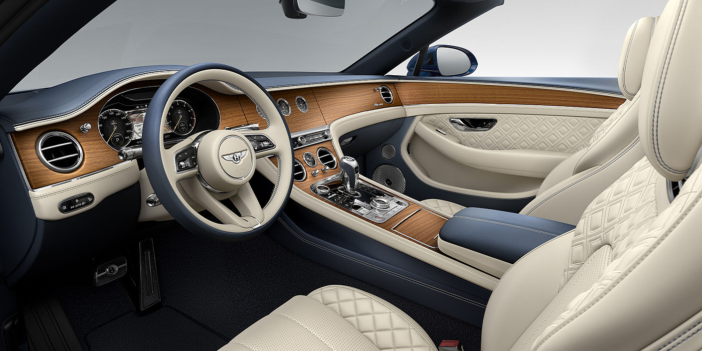 Bentley Cyprus Bentley Continental GTC Azure convertible front interior in Imperial Blue and Linen hide
