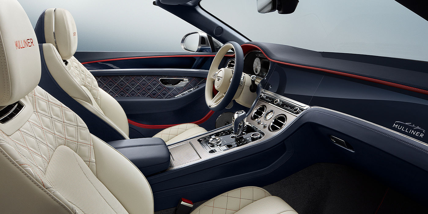 Bentley Cyprus Bentley Continental GTC Mulliner convertible front interior in Imperial Blue and Linen hide