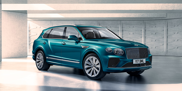 Bentley Cyprus Bentley Bentayga Extended Wheelbase Azure SUV front three quarter in Topaz blue paint colour with a grey background
